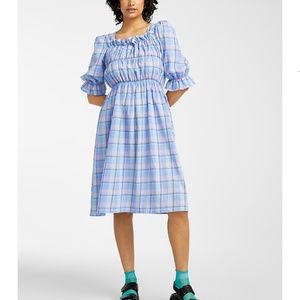 And April pastel lilac, blue & green check peasant midi dress made in Korea NWT